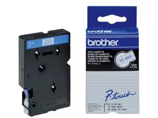 Schriftband-Kassette Brother TC-203 blau auf weiß 12mm/7,7m laminiert