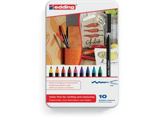 Fasermaler Edding 1300 4-1300-10 2mm, Rundspitze, auswaschbar, 10er-Etui, schwarz, rot, blau, grün, gelb, orange, braun, violett, rosa, hellblau