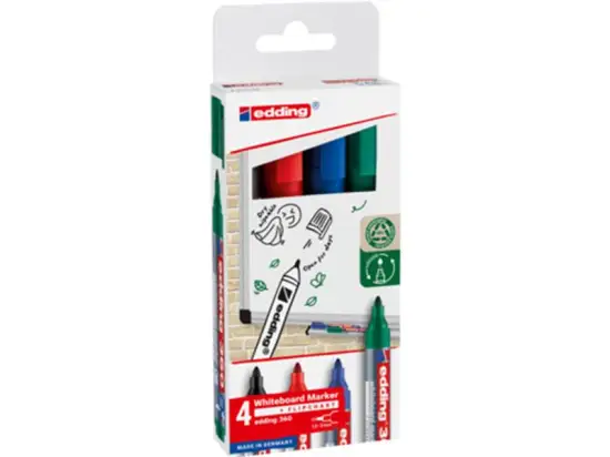 Whiteboardmarker Edding 360 4-360-4-2 1,5-3mm, Rundspitze, 4er-Etui, schwarz, rot, blau, grün