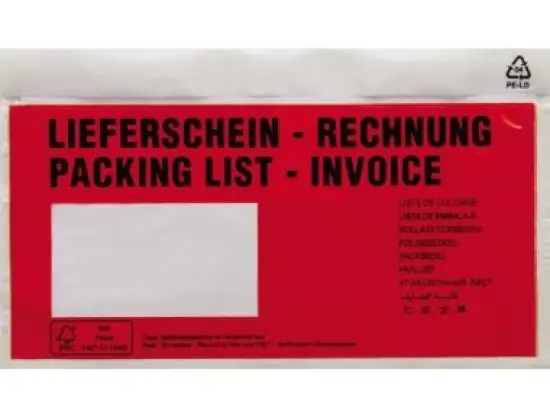 Begleitpapiertaschen 161384300 DIN lang, Aufdruck: Lieferschein/Rechnung, Folie, selbstklebend, rot transparent, Pack 250 Stk