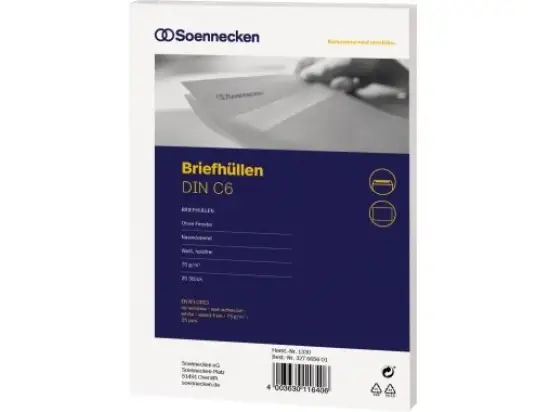 Briefumschlag Soennecken 327665601 1330 C6 ohne Fenster nassklebend weiß 75g, Pack 25 Stk