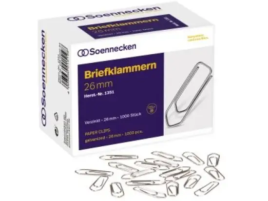 Briefklammern Soennecken 176020094 1351 Länge: 26 mm, verzinkt, Pack 1000 Stk