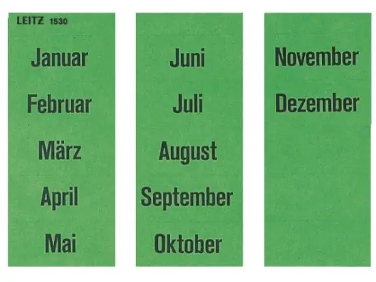 Inhaltsschild Leitz 1530-00-00 15300000 Monate Jan-Dez, 60 x 25,5 mm, Papier, grün, selbstklebend, Pack 100 Stk