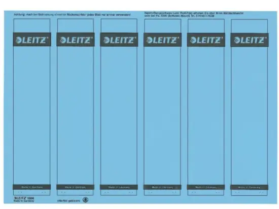 Ordner-Rückenschild Etiketten Leitz 1686-20-35 16862035 192 x 39mm kurz/schmal, selbstklebend, mit Aufdruck, blau, PC-beschriftbar, Inkjet Laser Kopierer, Pack 150 Stk/25 Blatt