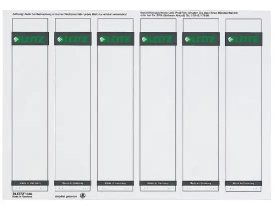 Ordner-Rückenschild Etiketten Leitz 1686-00-85 16860085 192 x 39mm kurz/schmal, selbstklebend, mit Aufdruck, grau, PC-beschriftbar, Inkjet Laser Kopierer, Pack 600 Stk/100 Blatt