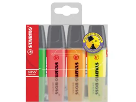 Textmarker Stabilo 70/4 Boss Original 2-5mm, Keilspitze, 4er-Etui, Schreibfarben: je 1x gelb, grün, orange, rosa