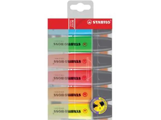 Textmarker Stabilo 70/6 Boss Original 2-5mm, Keilspitze, 6er-Etui, gelb, grün, blau,rosa, orange, rot