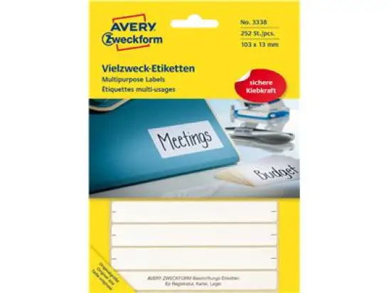 Vielzweck-Etiketten Avery Zweckform 3338 105 x 13 mm, weiß, selbstklebend, Handbeschriftung, Pack 252 Stk/28 Blatt