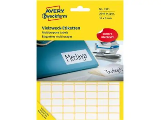 Vielzweck-Etiketten Avery Zweckform 3311 16 x 9 mm, weiß, selbstklebend, Handbeschriftung, Pack 2646 Stk/27 Blatt