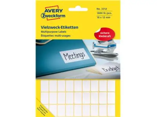 Vielzweck-Etiketten Avery Zweckform 3312 18 x 12 mm, weiß, selbstklebend, Handbeschriftung, Pack 1800 Stk/25 Blatt