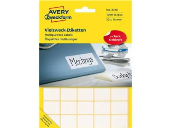 Vielzweck-Etiketten Avery Zweckform 3318 22 x 18 mm, weiß, selbstklebend, Handbeschriftung, Pack 1200 Stk/30 Blatt