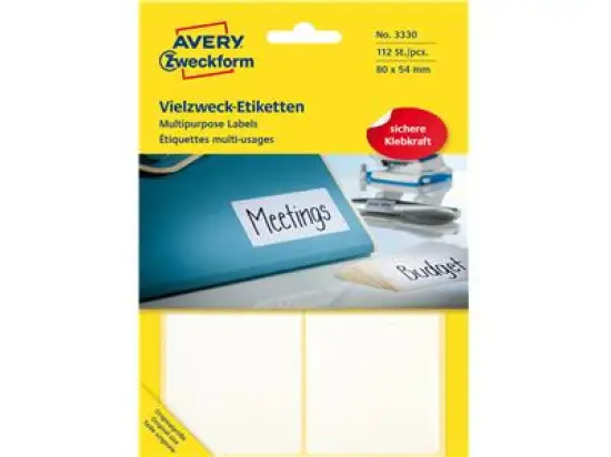 Vielzweck-Etiketten Avery Zweckform 3330 80 x 54 mm, weiß, selbstklebend, Handbeschriftung, Pack 112 Stk/28 Blatt