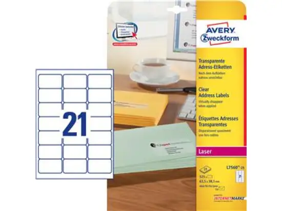 Adress-Etiketten Avery Zweckform L7560-25 63,5 x 38,1 mm transparent, Laserdrucker Kopierer, Pack 525 Stk/25 Blatt