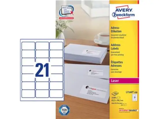 Adressetiketten Avery Zweckform L7160-100 63,5 x 38,1 mm weiß, selbstklebend, Laser, Pack 2100 Stk/100 Blatt