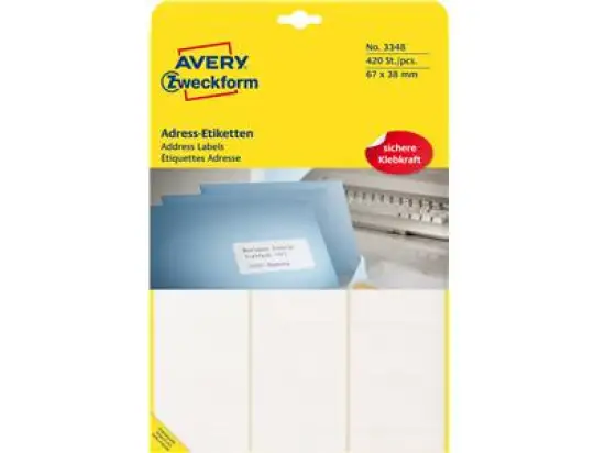 Adressetiketten Avery Zweckform 3348 67 x 38 mm, weiß, selbstklebend, Schreibmaschine, Pack 420 Stk/20 Blatt