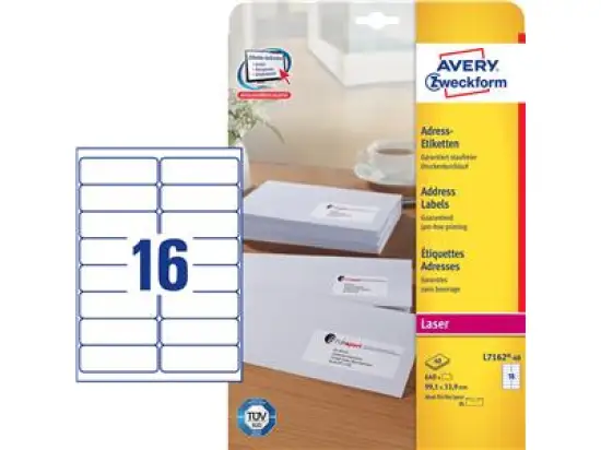 Adressetiketten Avery Zweckform L7162-40 99,1 x 33,9 mm weiß, selbstklebend, Laser, Pack 640 Stk/40 Blatt