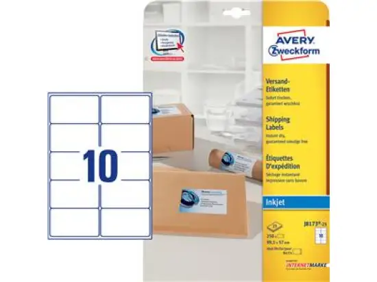 Versand-Etiketten Avery Zweckform J8173-25 99,1 x 57 mm weiß, selbstklebend, Inkjet, Pack 250 Stk/25 Blatt
