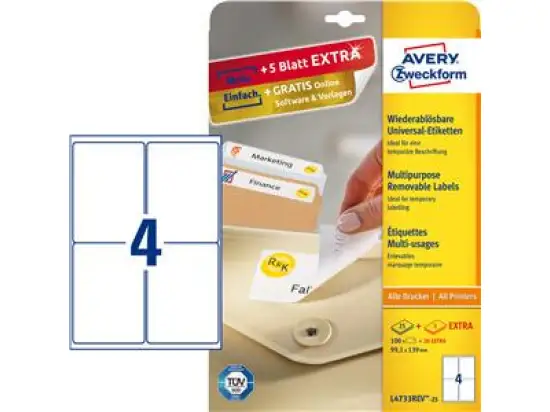 Etiketten Avery Zweckform L4733REV-25 99,1 x 139 mm weiß, selbstklebend, wiederablösbar, Inkjet Laser Kopierer, Pack 120 Stk/30 Blatt
