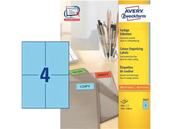 Etiketten Avery Zweckform 3457 105 x 148 mm selbstklebend, blau, Inkjet Laser Kopierer, Pack 400 Stk/100 Blatt