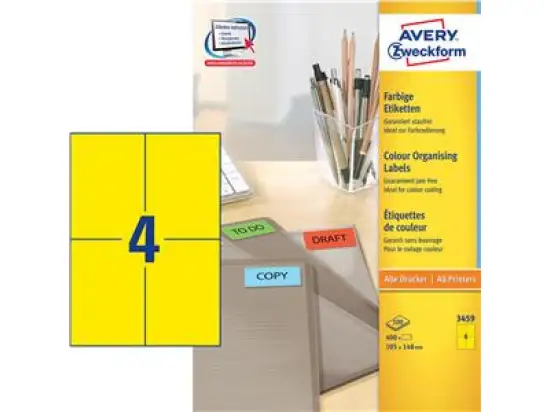 Etiketten Avery Zweckform 3459 105 x 148 mm selbstklebend, gelb, Inkjet Laser Kopierer, Pack 400 Stk/100 Blatt