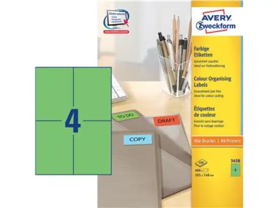 Etiketten Avery Zweckform 3458 105 x 148 mm selbstklebend, grün, Inkjet Laser Kopierer, Pack 400 Stk/100 Blatt