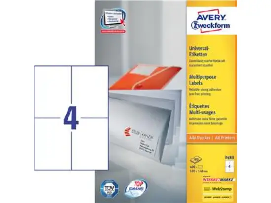 Etiketten Avery Zweckform 3483 105 x 148 mm weiß, selbstklebend, Inkjet Laser Kopierer, Pack 400 Stk/100 Blatt