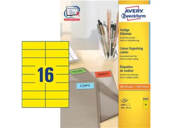 Etiketten Avery Zweckform 3455 105 x 37 mm selbstklebend, gelb, Inkjet Laser Kopierer, Pack 1600 Stk/100 Blatt