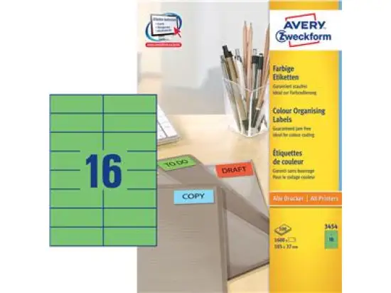 Etiketten Avery Zweckform 3454 105 x 37 mm selbstklebend, grün, Inkjet Laser Kopierer, Pack 1600 Stk/100 Blatt