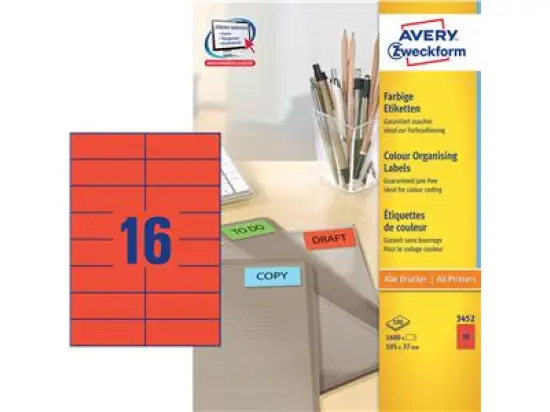 Etiketten Avery Zweckform 3452 105 x 37 mm selbstklebend, rot, Inkjet Laser Kopierer, Pack 1600 Stk/100 Blatt