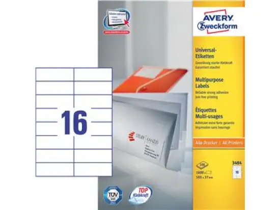 Etiketten Avery Zweckform 3484 105 x 37 mm weiß, selbstklebend, Inkjet Laser Kopierer, Pack 1600 Stk/100 Blatt