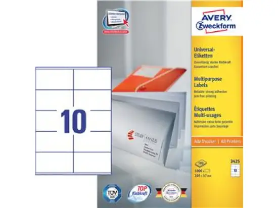 Etiketten Avery Zweckform 3425 105 x 57 mm weiß, selbstklebend, Inkjet Laser Kopierer, Pack 1000 Stk/100 Blatt