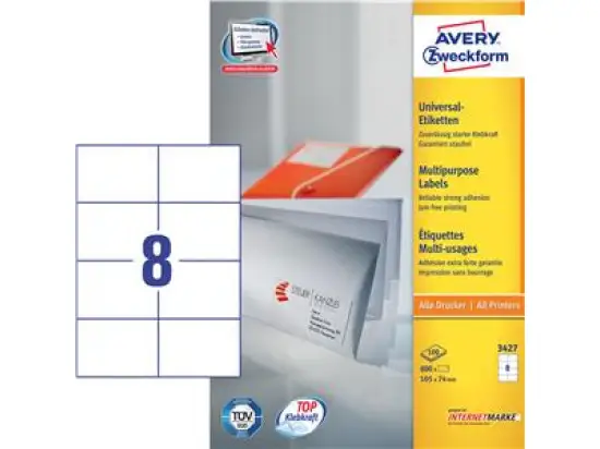 Etiketten Avery Zweckform 3427 105 x 74 mm weiß, selbstklebend, Inkjet Laser Kopierer, Pack 800 Stk/100 Blatt