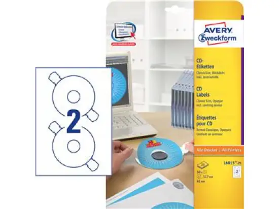 CD-Etiketten Avery Zweckform L6015-25 Ø 117 mm rund, weiß, selbstklebend, ClassicSize 41 mm, + Zentrierhilfe, Inkjet Laser Kopierer, Pack 50 Stk/25 Blatt
