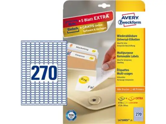 Etiketten Avery Zweckform L4730REV-25 17,8 x 10 mm weiß, selbstklebend, wiederablösbar, Inkjet Laser Kopierer, Pack 8100 Stk/30 Blatt