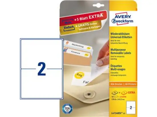 Etiketten Avery Zweckform L4734REV-25 199,6 x 143,5 mm weiß, selbstklebend, wiederablösbar, Inkjet Laser Kopierer, Pack 60 Stk/30 Blatt