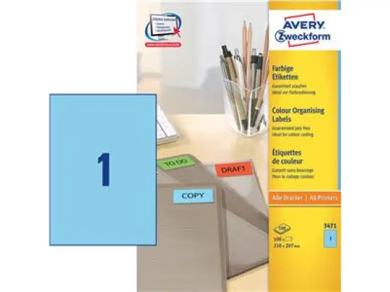 Etiketten Avery Zweckform 3471 210 x 297 mm selbstklebend, blau, Inkjet Laser Kopierer, Pack 100 Stk/100 Blatt