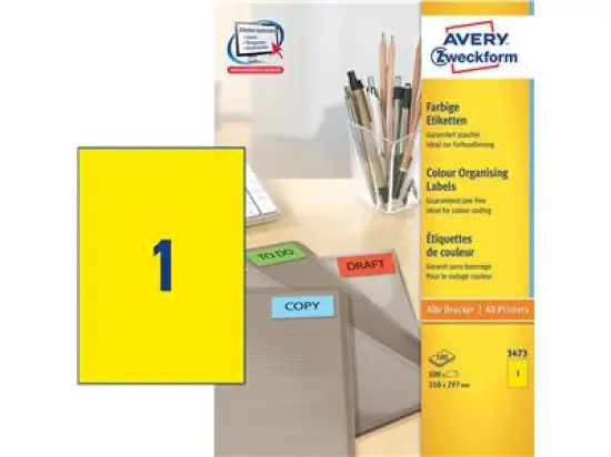 Etiketten Avery Zweckform 3473 210 x 297 mm selbstklebend, gelb, Inkjet Laser Kopierer, Pack 100 Stk/100 Blatt