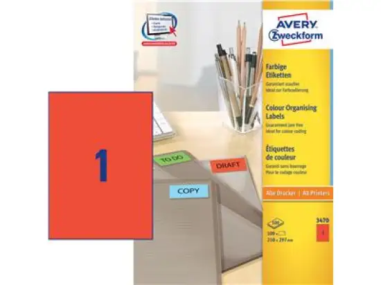 Etiketten Avery Zweckform 3470 210 x 297 mm selbstklebend, rot, Inkjet Laser Kopierer, Pack 100 Stk/100 Blatt