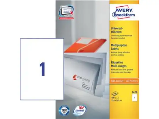 Etiketten Avery Zweckform 3478 210 x 297 mm weiß, selbstklebend, Inkjet Laser Kopierer, Pack 100 Stk/100 Blatt