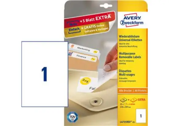 Etiketten Avery Zweckform L4735REV-25 210 x 297 mm weiß, selbstklebend, wiederablösbar, Inkjet Laser Kopierer, Pack 30 Stk/30 Blatt