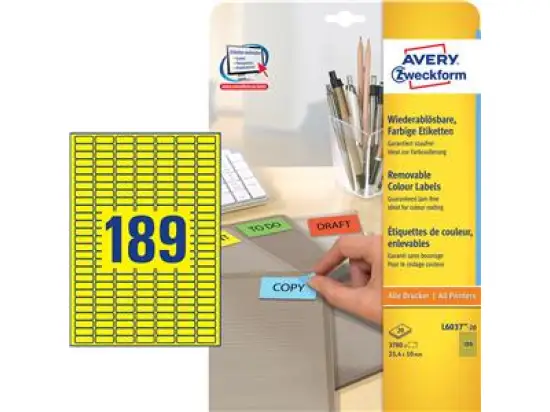 Etiketten Avery Zweckform L6037-20 25,4 x 10 mm gelb, selbstklebend, wiederablösbar, Inkjet Laser Kopierer, Pack 3780 Stk/20 Blatt