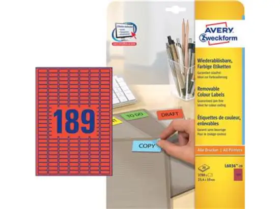 Etiketten Avery Zweckform L6036-20 25,4 x 10 mm rot, selbstklebend, wiederablösbar, Inkjet Laser Kopierer, Pack 3780 Stk/20 Blatt