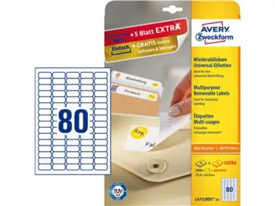 Etiketten Avery Zweckform L4732REV-25 35,6 x 16,9 mm weiß, selbstklebend, wiederablösbar, Inkjet Laser Kopierer, Pack 2400 Stk/30 Blatt