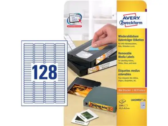 Datenträger-Etiketten Avery Zweckform L6020REV-25 43,2 x 8,54 mm, weiß, selbstklebend, wiederablösbar, Inkjet Laser Kopierer, Pack 3200 Stk/25 Blatt