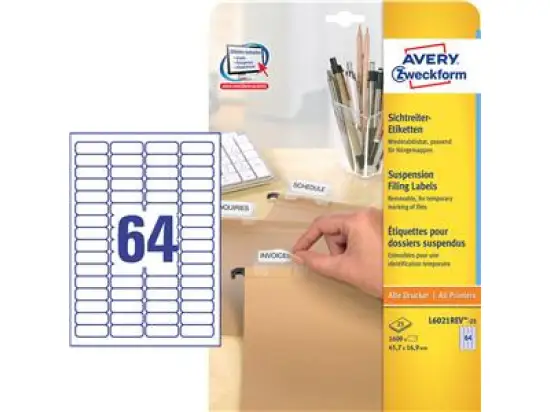 Sichtreiter-Etiketten Avery Zweckform L6021REV-25 45,7 x16,9 mm, weiß, selbstklebend, wiederablösbar, Inkjet Laser Kopierer, Pack 1600 Stk/25 Blatt