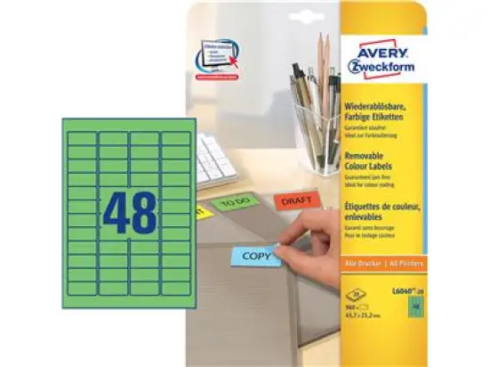 Etiketten Avery Zweckform L6040-20 45,7 x 21,2 mm selbstklebend, wiederablösbar, grün, Inkjet Laser Kopierer, Pack 960 Stk/20 Blatt