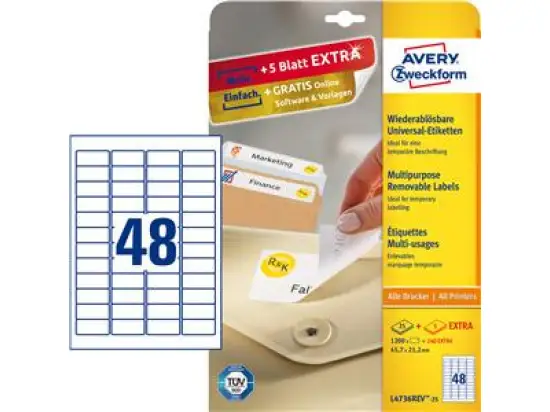 Etiketten Avery Zweckform L4736REV-25 45,7 x 21,2 mm weiß, selbstklebend, wiederablösbar, Inkjet Laser Kopierer, Pack 1440 Stk/30 Blatt