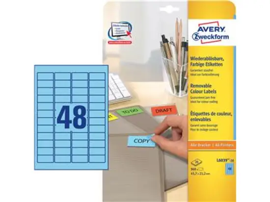 Etiketten Avery Zweckform L6039-20 45,7 x 21,2 mm selbstklebend, wiederablösbar, blau, Inkjet Laser Kopierer, Pack 960 Stk/20 Blatt
