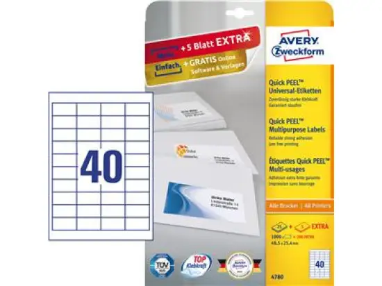 Etiketten Avery Zweckform 4780 48,5 x 25,4 mm weiß, selbstklebend, Inkjet Laser Kopierer, Pack 1200 Stk/30 Blatt