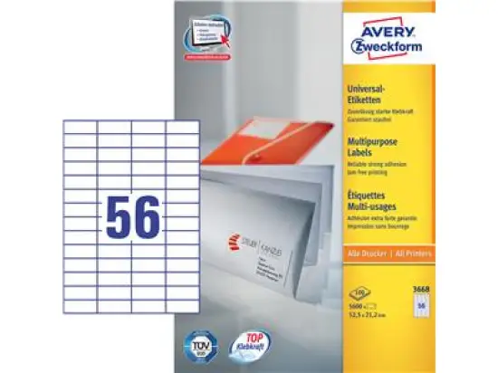 Etiketten Avery Zweckform 3668 52,5 x 21,2 mm weiß, selbstklebend, Inkjet Laser Kopierer, Pack 5600 Stk/100 Blatt